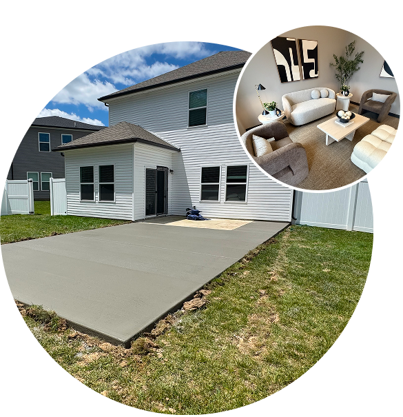 Newly poured concrete patio outside a modern house with an inset image of the furnished living room.