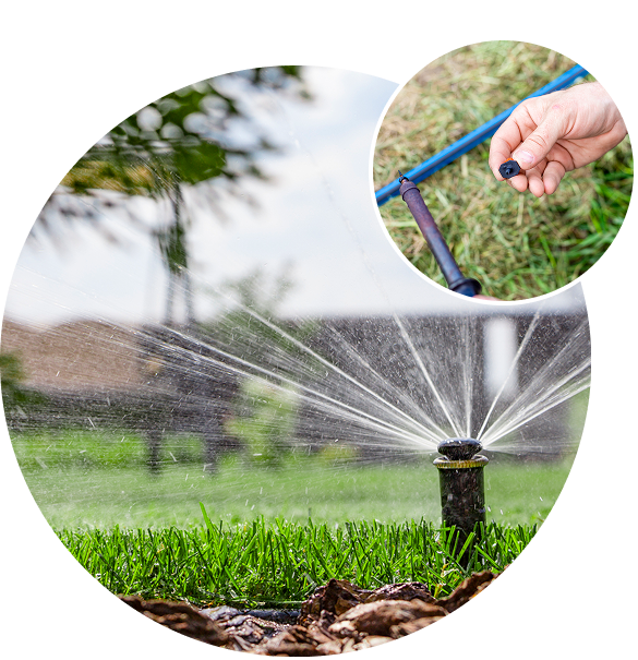 A lawn sprinkler watering a green garden with a close-up of a hand adjusting the hose.