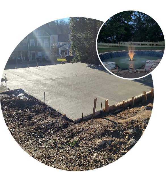 Newly poured concrete slab drying under the sun near a fountain.