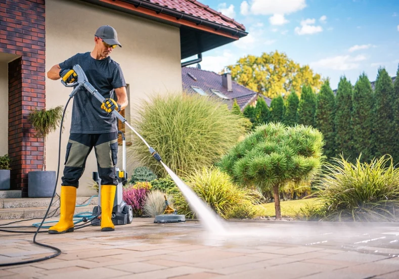 Person pressure washing an outdoor patio area on a sunny day.